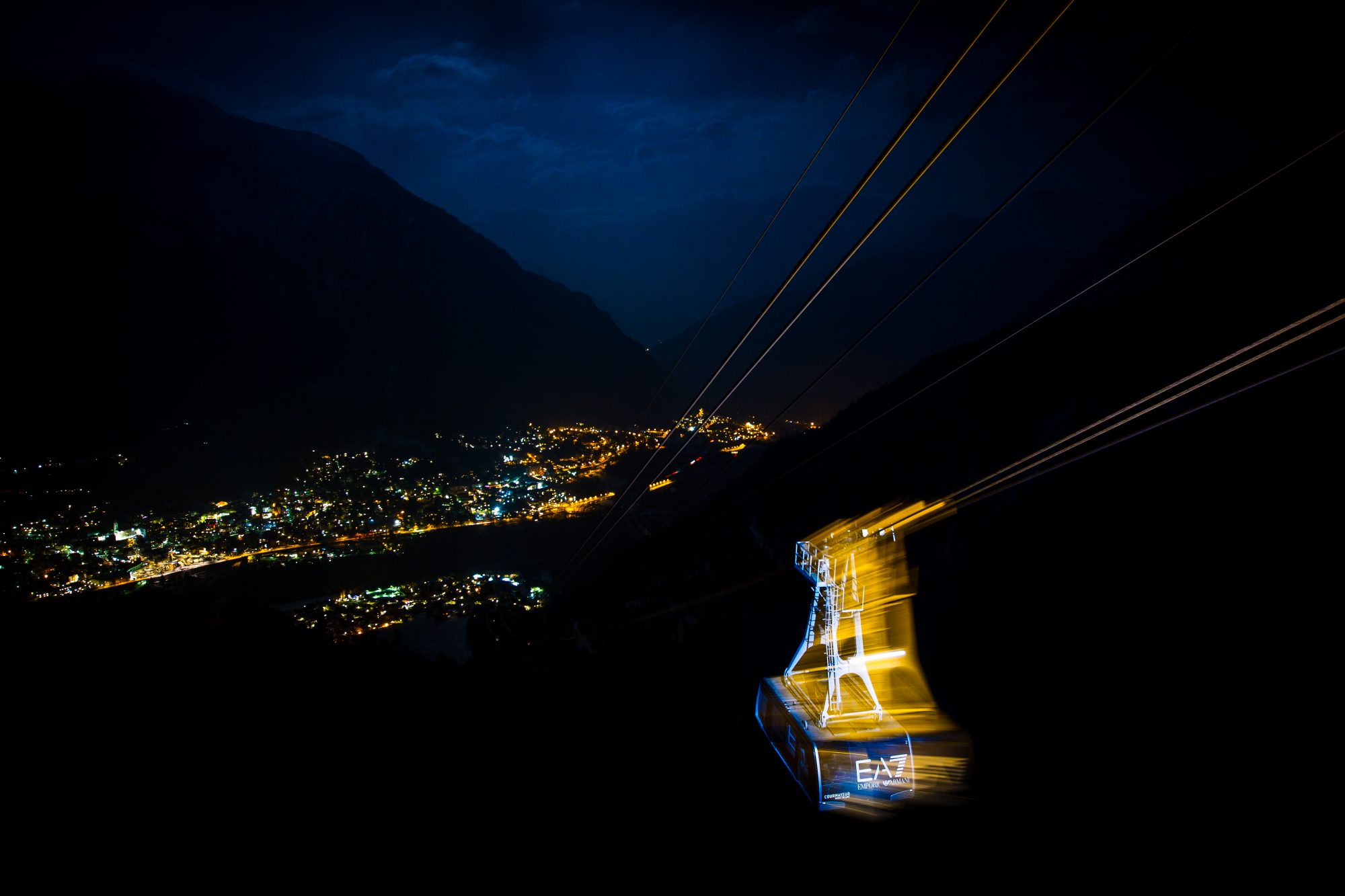 Armani funicular at night - taking guests from Plan Checrouit to downtown Courmayeur