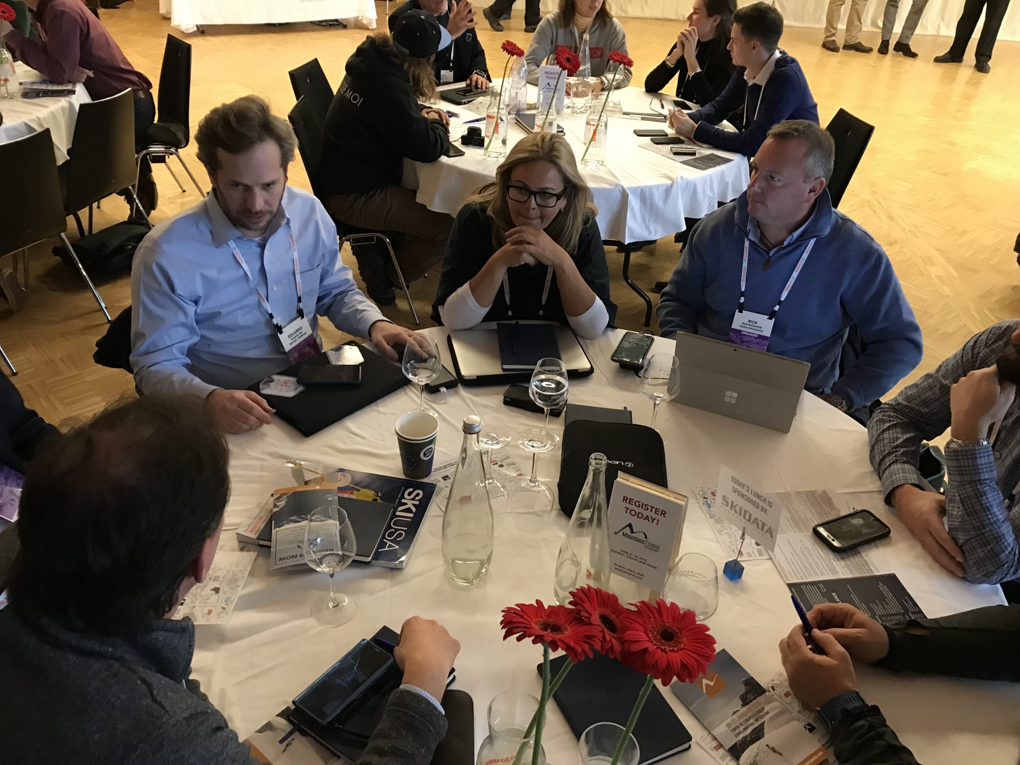 Table talks during the sessions at the European Mountain Travel Summit - Here Eduardo Gaz of Ski USA/Ski Brasil, Cassandra Foister of SkiMax in Australia, and Rick Reichsfeld of Alpine Adventures in the USA. Photo by The-Ski-Guru