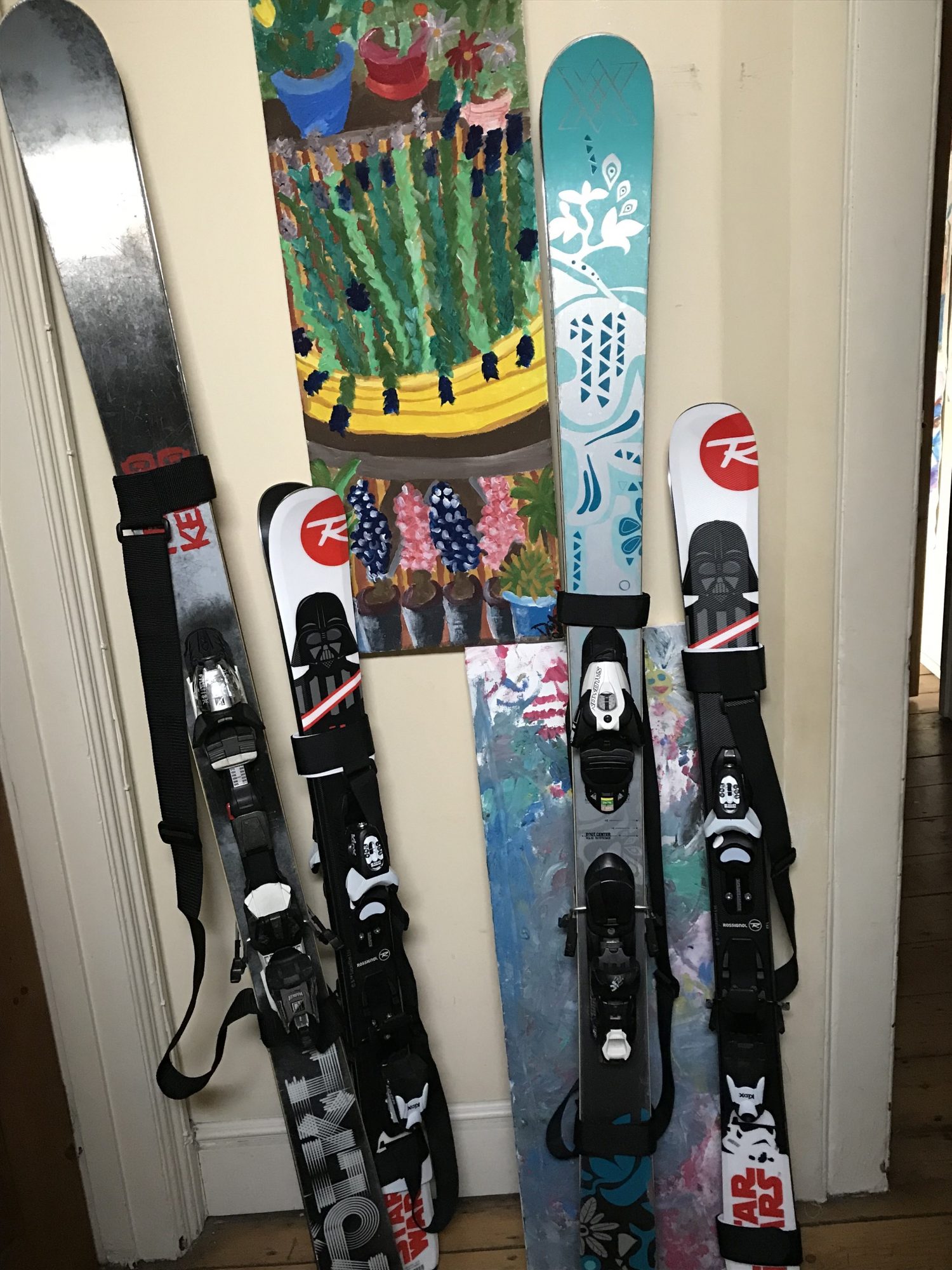 The skis are ready to go on the ski rack. Photo by The-Ski-Guru.