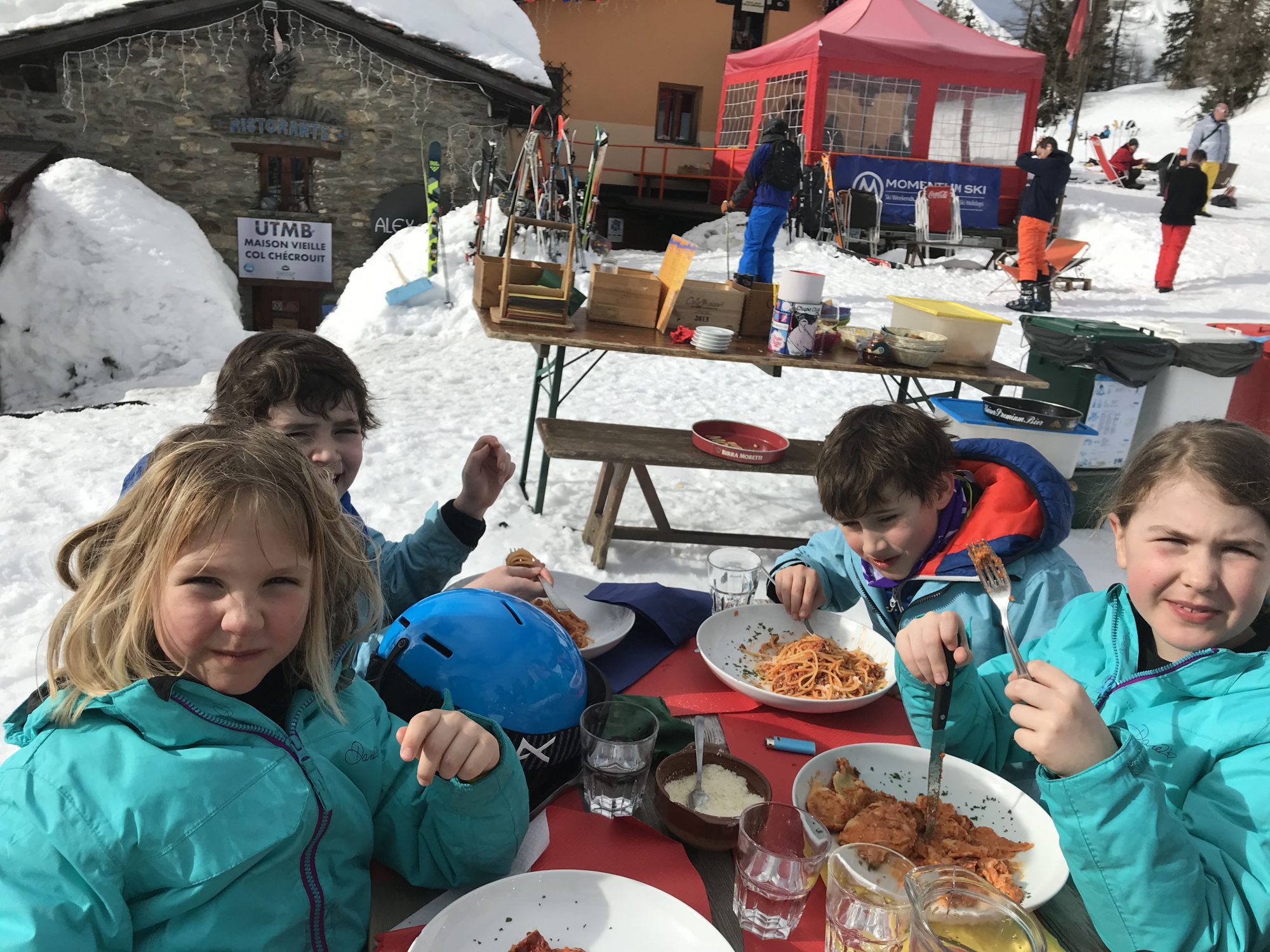 The kids having lunch at Maison Vieille in Col Chécrouit. - Photo by The-Ski-Guru. Last part of our family half term trip – Picture-perfect Courmayeur Mont Blanc.