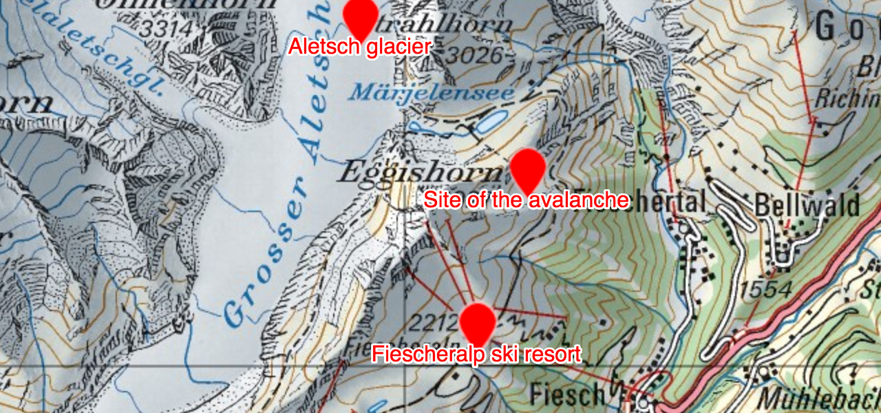 Site of the avalanche this past Saturday. RTS/SDA-ATS/cl. Three Spaniard Skiers have died and two others are injured in Switzerland after an avalanche.