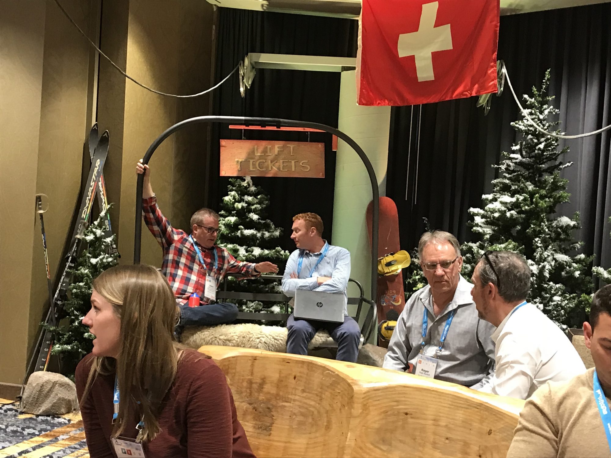 The Swiss lounge at the Trade Exchange during the Mountain Travel Symposium. 43rd Annual Mountain Travel Symposium, 1,100 attendees