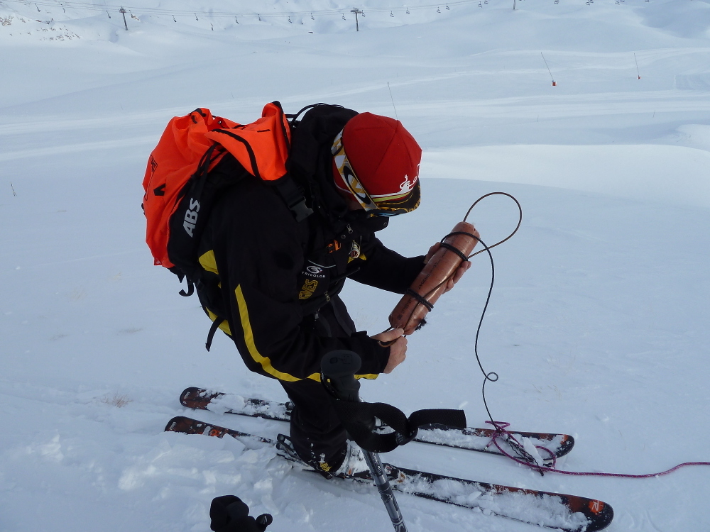 A ski patrol fixing a catex charge in Tignes. Two ski patrollers died in Morillon setting avalanche control charges. 