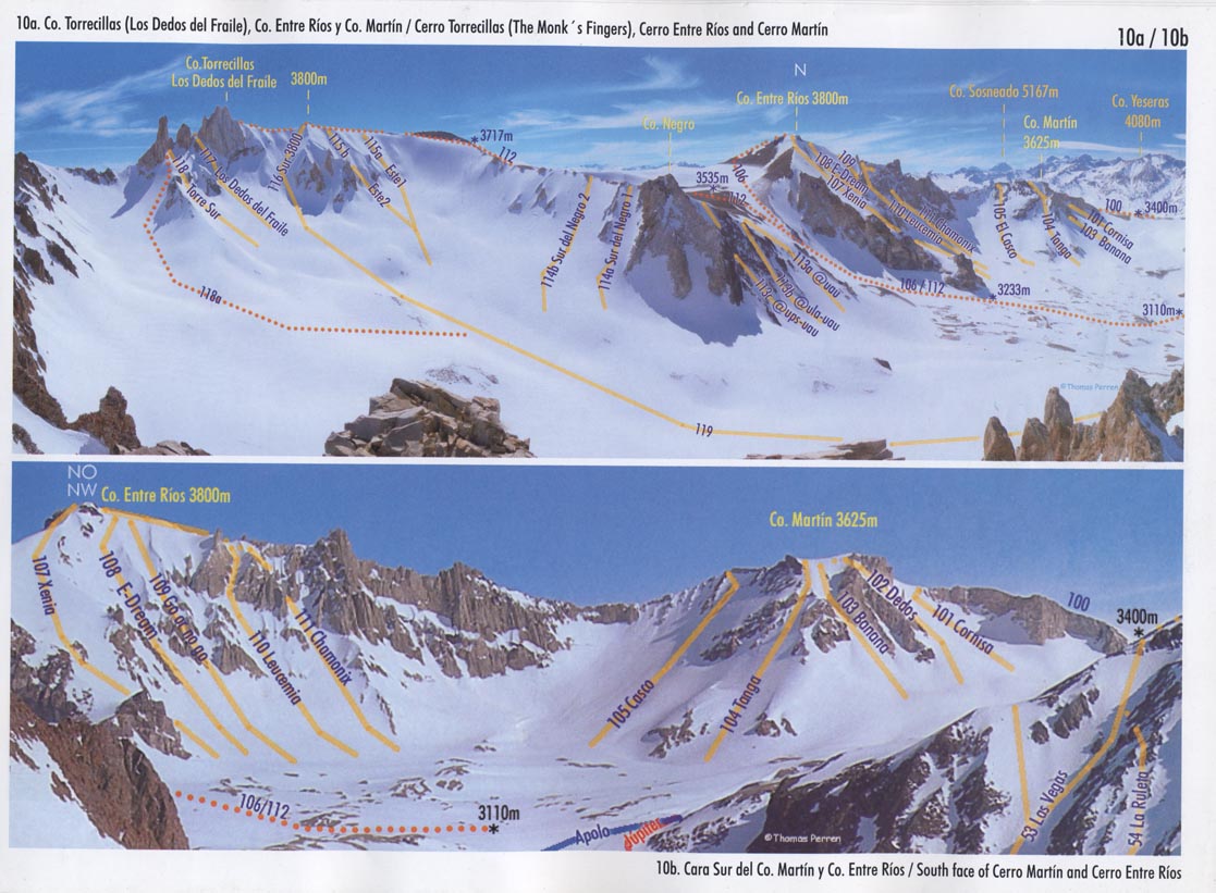 One of the maps of the off-piste of Las Leñas showcasing its couloirs, which are also coincide avalanche corridors. Las Leñas is a high prone avalanche area. 