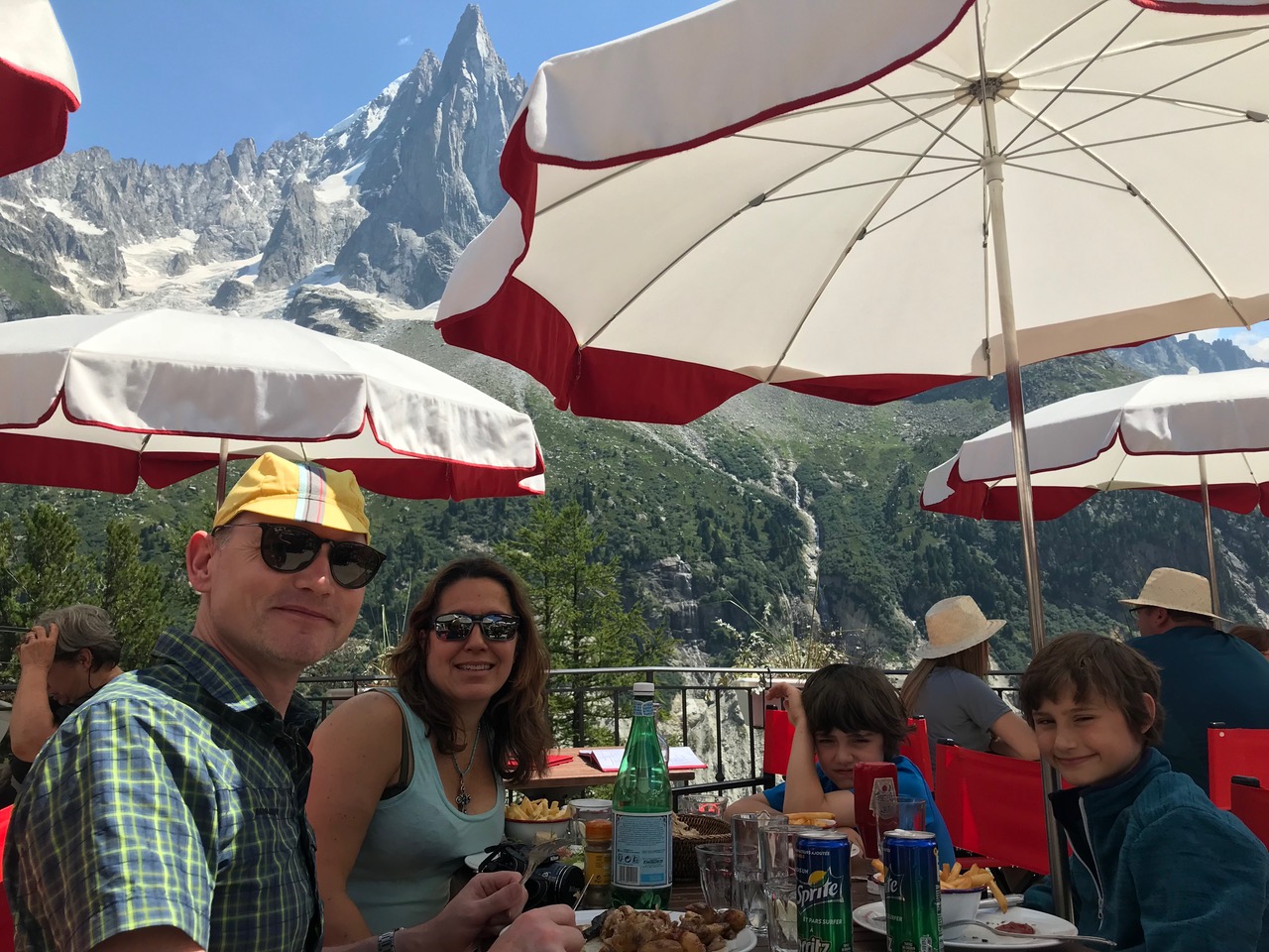 Lunch with the family at the main restaurant of the Terminal Neige-Refuge - with views of the Aiguille Des Drus. 