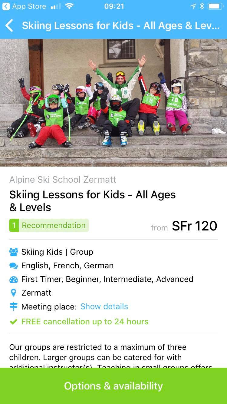CheckYeti app on my IPhone. I am seeing now for a group lesson in Zermatt for my kids.