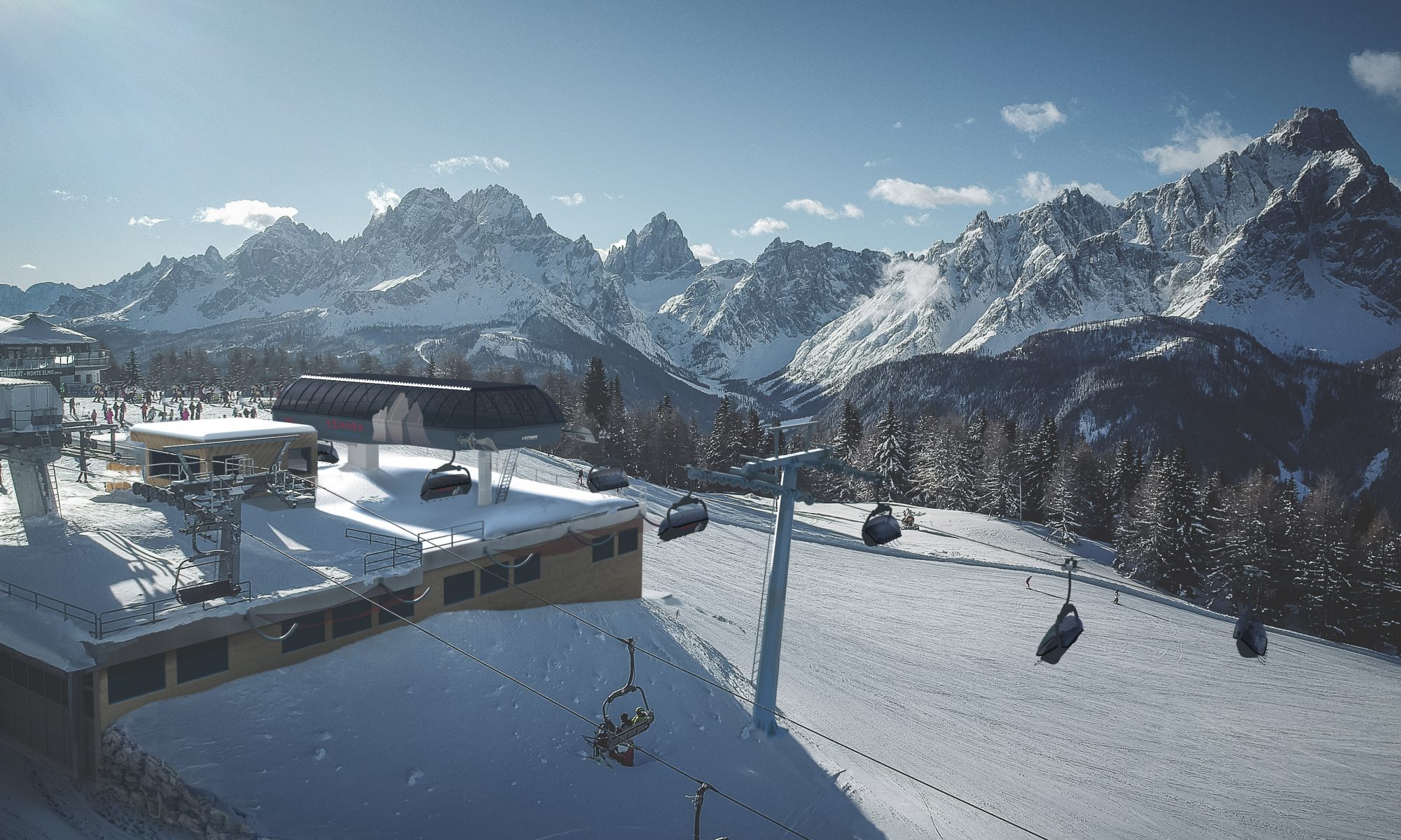 Dolomiti Superski- 3 Zinnen Dolomiten- New Chairlift Mittelstation-Helm. Photo credit: Dolomiti Superski. 90 million Euro investment for the 2018-19 ski season.