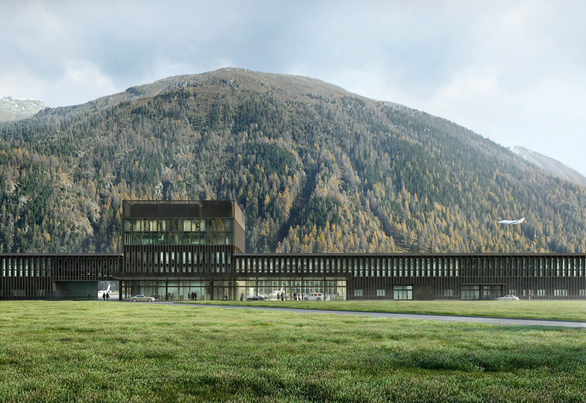 The front of the façade of the Engadin airport, Samedan Regional Airport, Europe's highest airport. Photo by: Samedan Regional Airport.