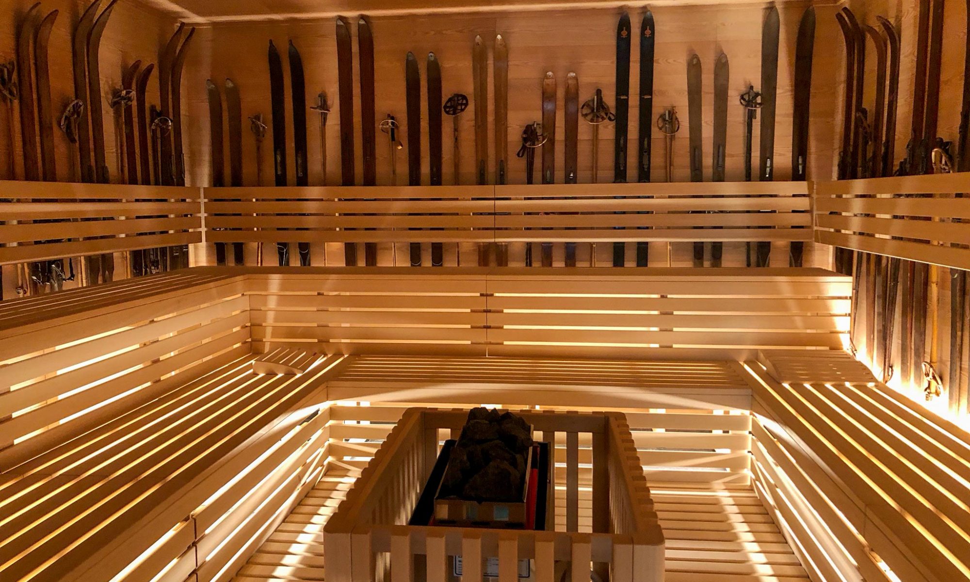 A new QC Terme opened in Chamonix - a sauna surrounded by skis.