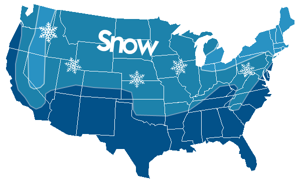 Snow map of the United States which coincides with where is recommended to use snow tyres. Credit: Winter TPMS