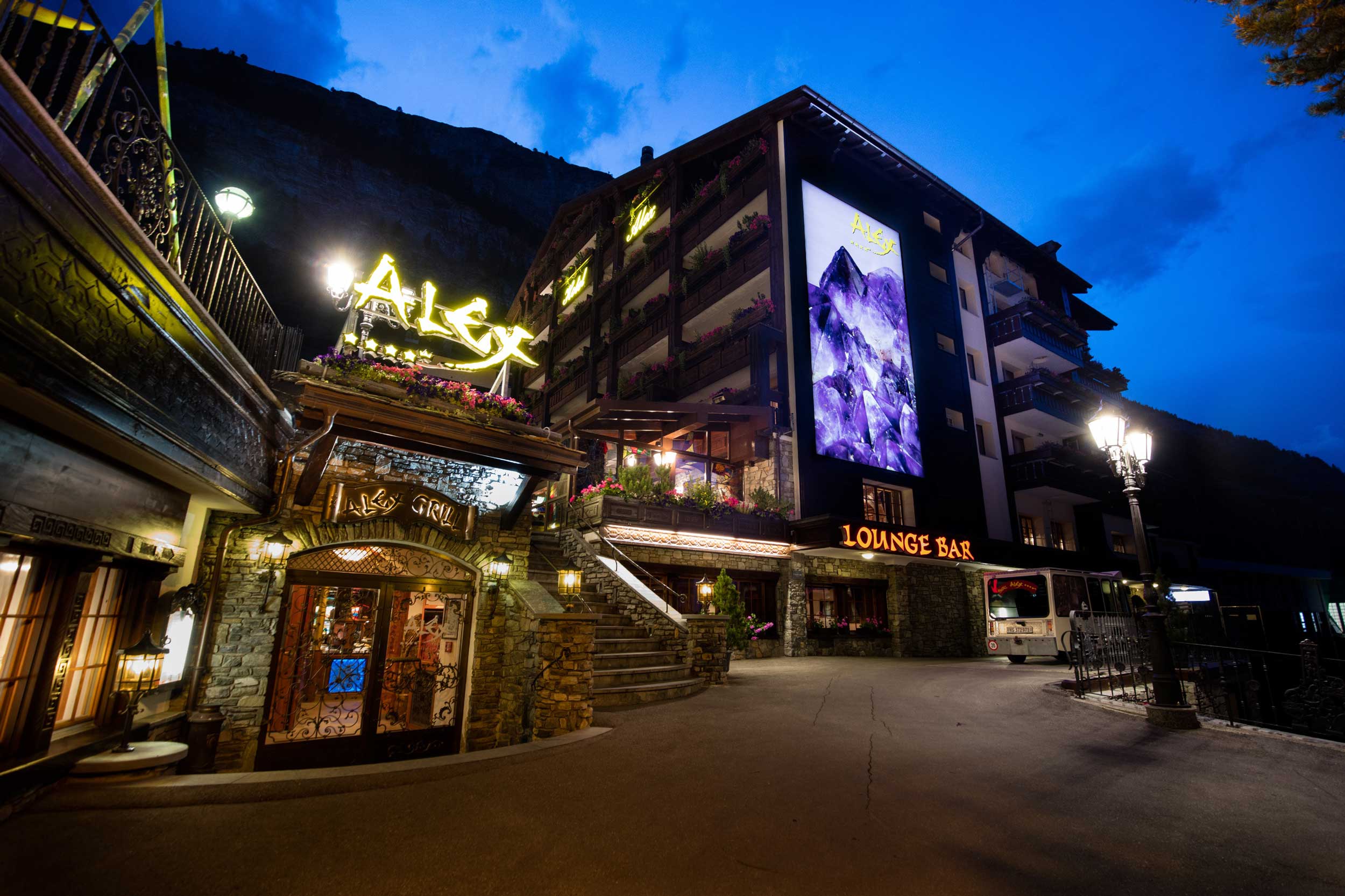 Hotel Alex at night, just off the main street. 