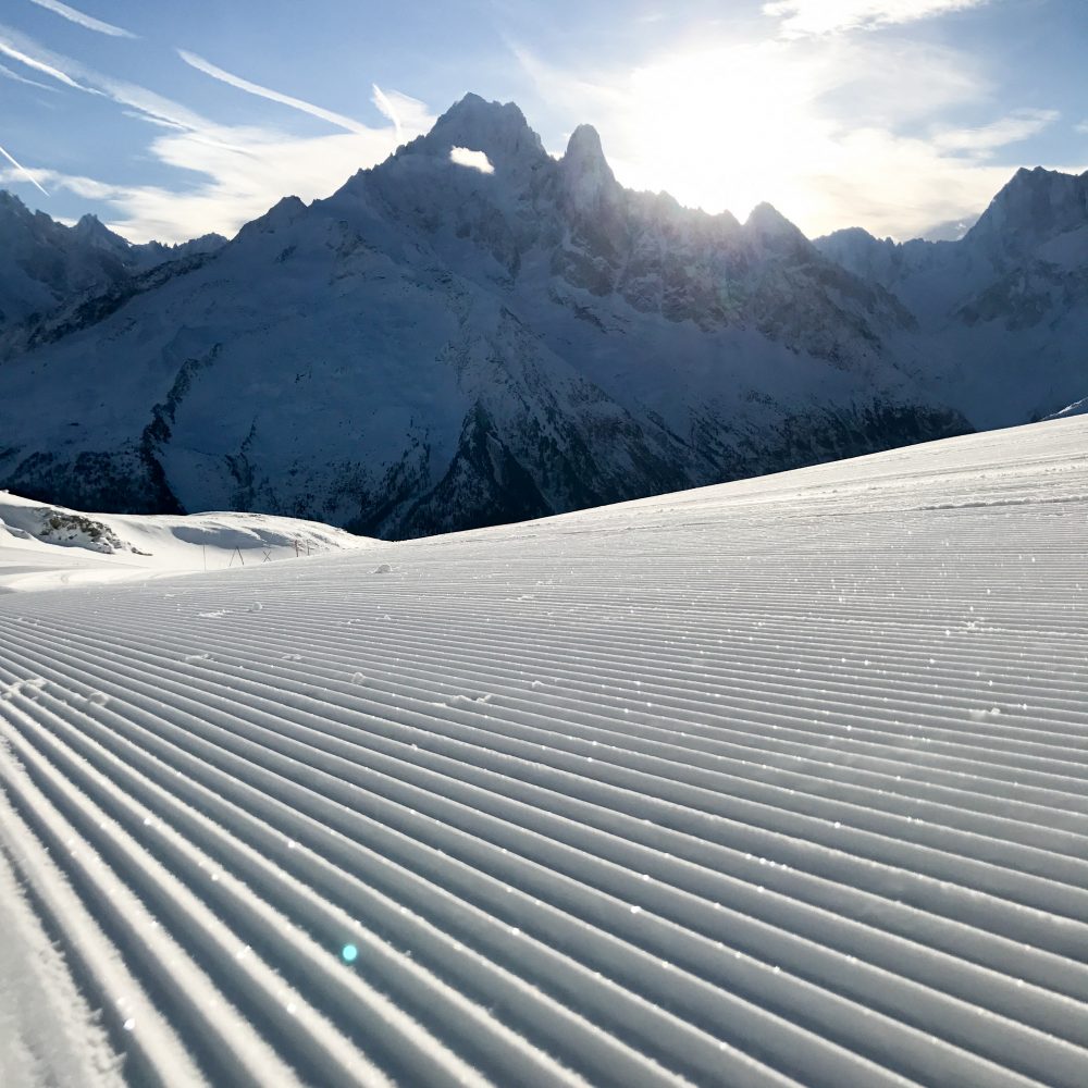 Flegere- a lovely groomed run early in the morning. Photo by Salome Abrial. Tourism Office Chamonix. What is new in Chamonix for the 2018/19-ski season.