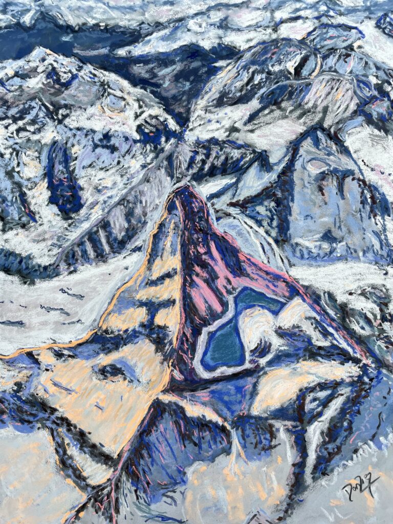 Matterhorn from the Air number 2, soft pastels painting by Martina Diez-Routh- for sale at The-Ski-Guru HOME Shop.