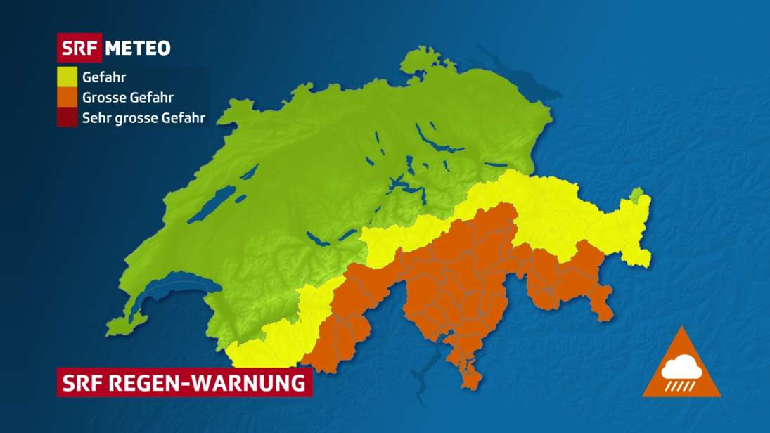 SRF Meteo announces heavy rain from the Upper Valais over the Ticino to Southern Grisons. 