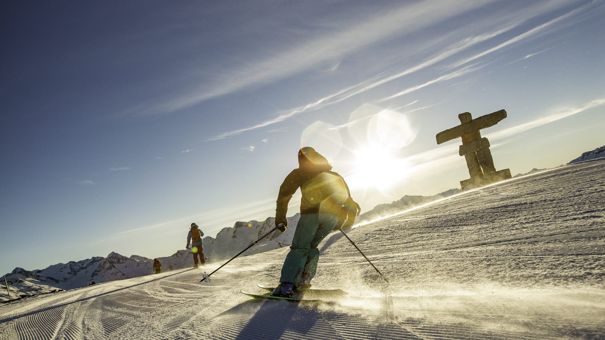 Skiers enjoy a groomed trail called Unukshuk in Whistler Blackcomb. Whistler will be introducing Emma later this season. Emma, the World's First Digital Mountain Assistant, Kicks Off the 2018-19 Winter Season in Beta at Keystone Ski Resort.