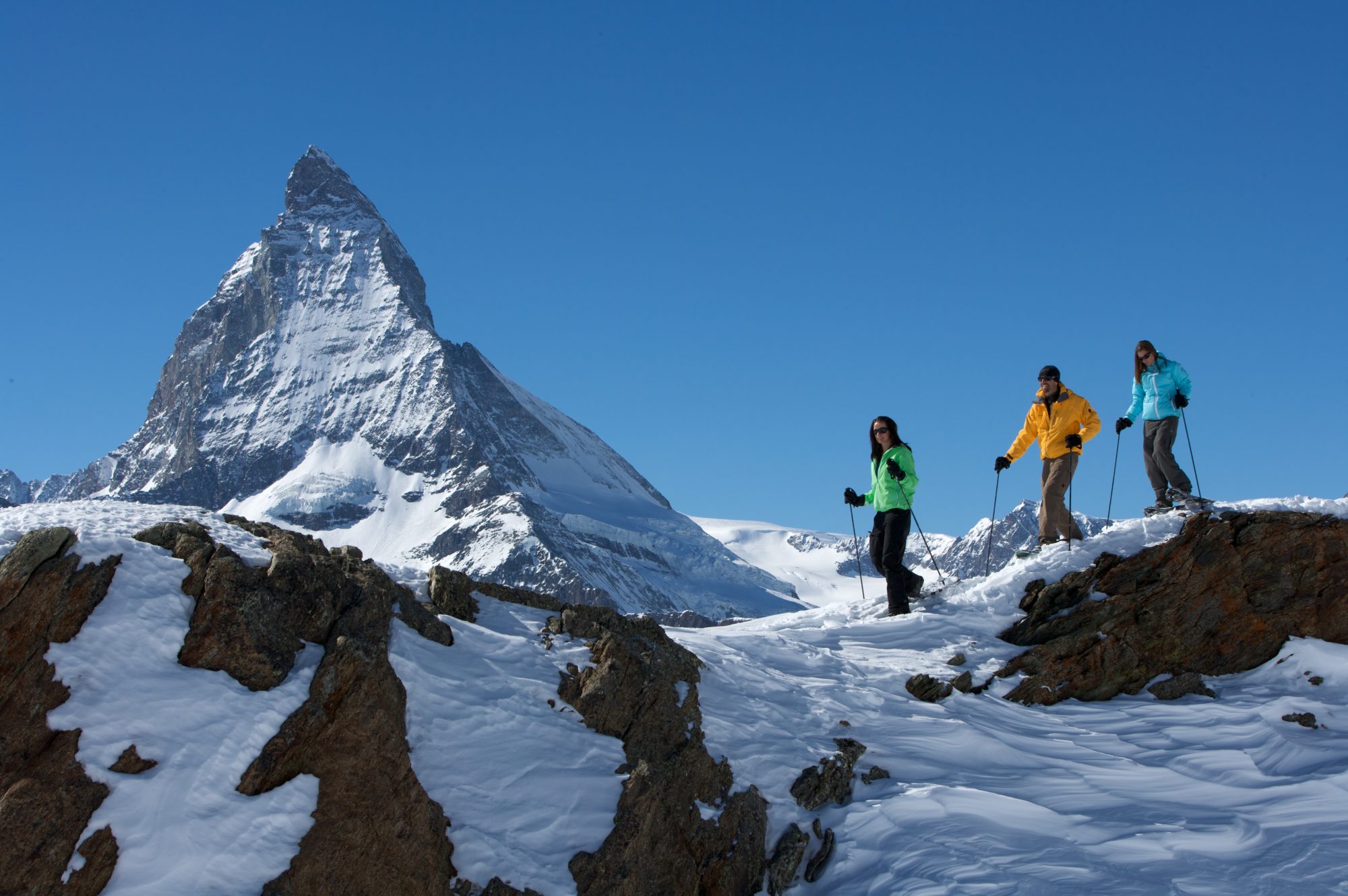 Snowshoeing in Zermatt near the Matterhorn. Picture credit: Marc Weiler. Zermatt Tourism Office. 