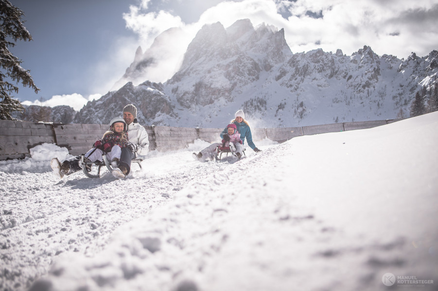 Sledging down the mountain. Drei Zinnen ski area - Copyright: 3 Peaks Dolomites. 3 Peaks Dolomites will link its resort to Östirol in Austria for the 21/22 ski season .