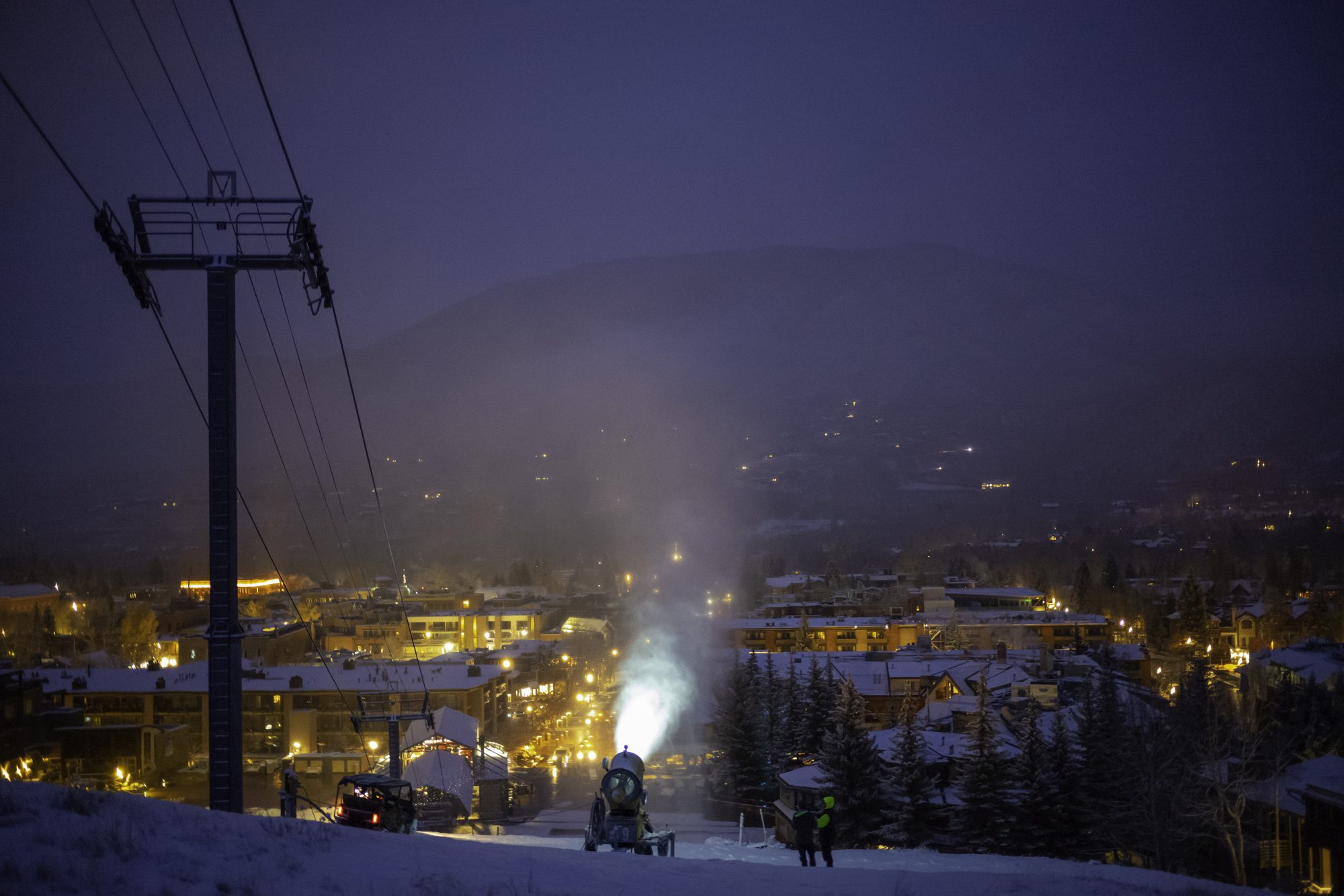 Snowmaking is underway in Aspen Mountain. Photo: Dan Bayer. Aspen Skiing Company. Snowmaking Operations Underway at Aspen Snowmass for the 2018-19 Season