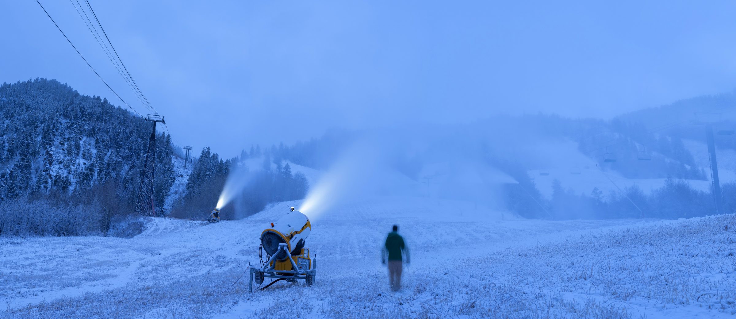 A lonely snowmaker working in Ajax. Photo: Dan Bayer. Aspen Skiing Company. Snowmaking Operations Underway at Aspen Snowmass for the 2018-19 Season