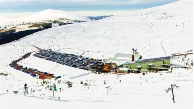 Cairngorm Mountain's parking lot. Cairngorm Mountain's economy will suffer if the funicular does not open this season. 