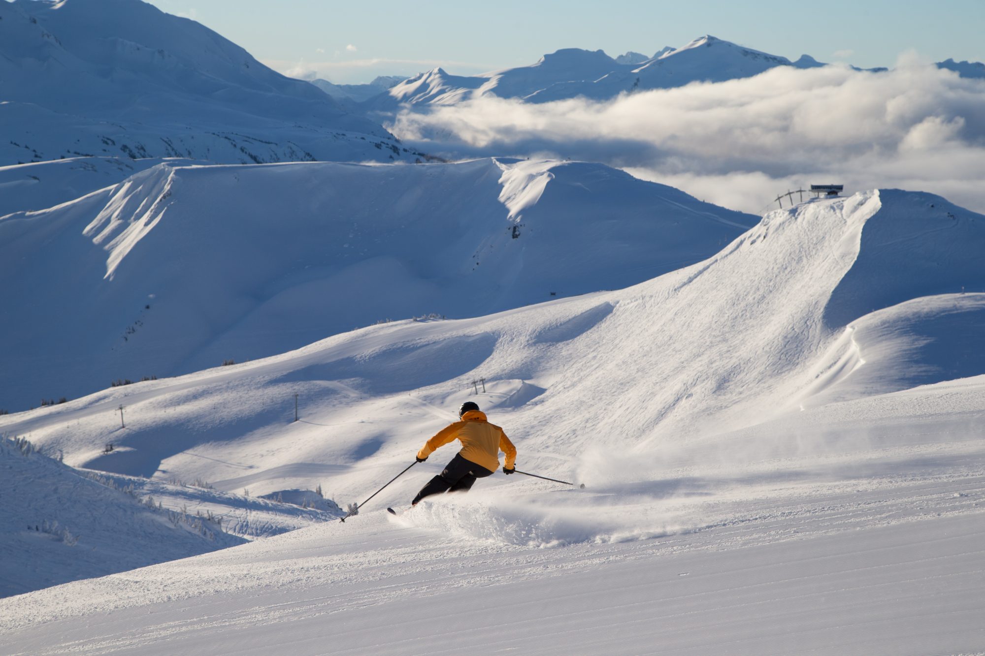 Mike skiing in the Burnt Stew Basin with the Symphony Chair. Paul Morrison photo. Whistler, Vail Resorts. Epic Pass expands European Access in World-Class Resort in France and Italy: Les 3 Vallées in France and Skirama Dolomiti Adamello Brenta in Italy. 