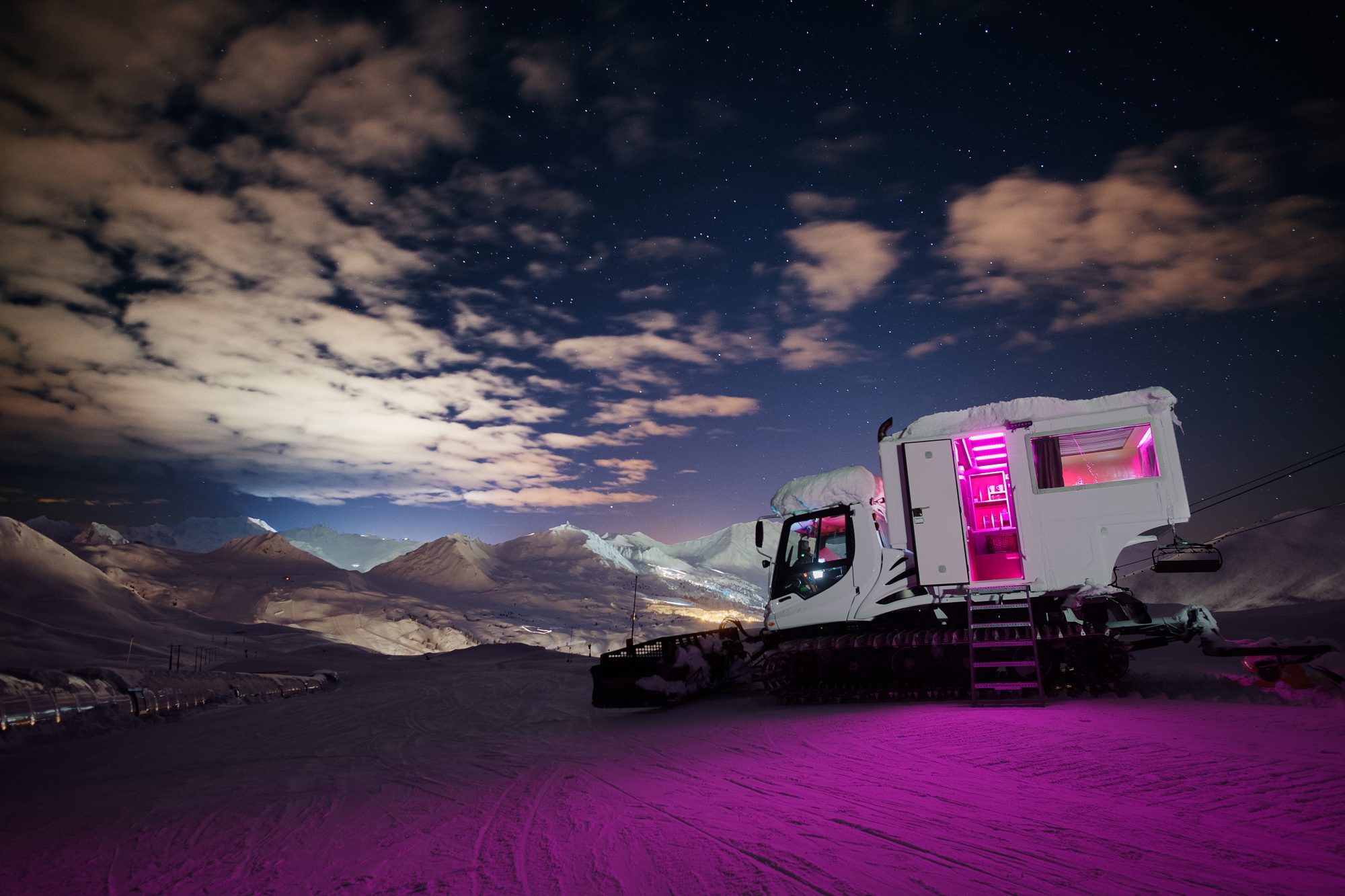 The Over the Moon experience - sleep in a converted snowcat high above the mountain. What is new at La Plagne for the 2018 – 19 ski-season.