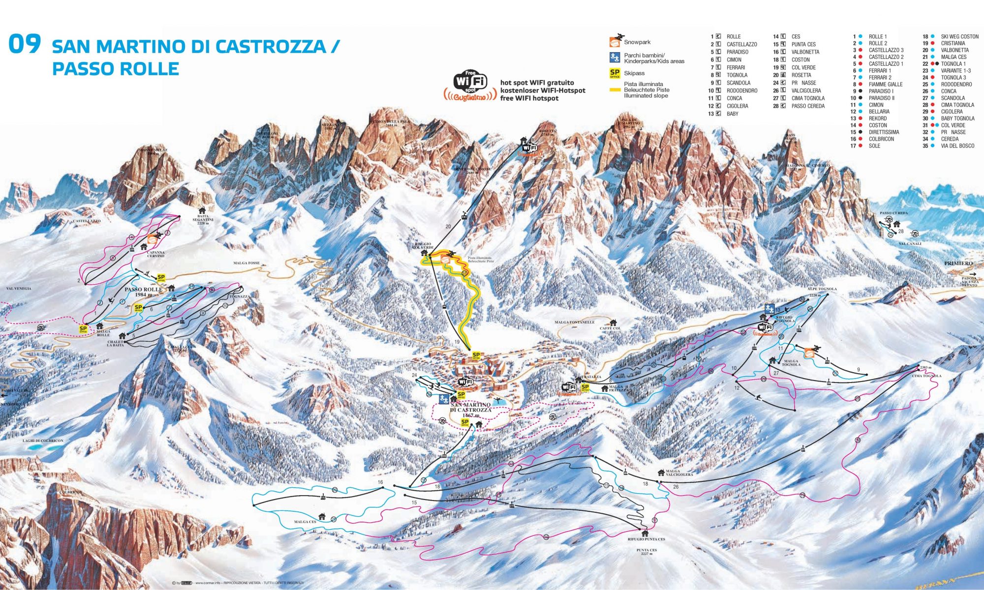 Ski map of Passo Rolle and San Martino di Castrozza. The Ferrari Chairlift has been reopened in record time at Passo Rolle, after being sabotaged.