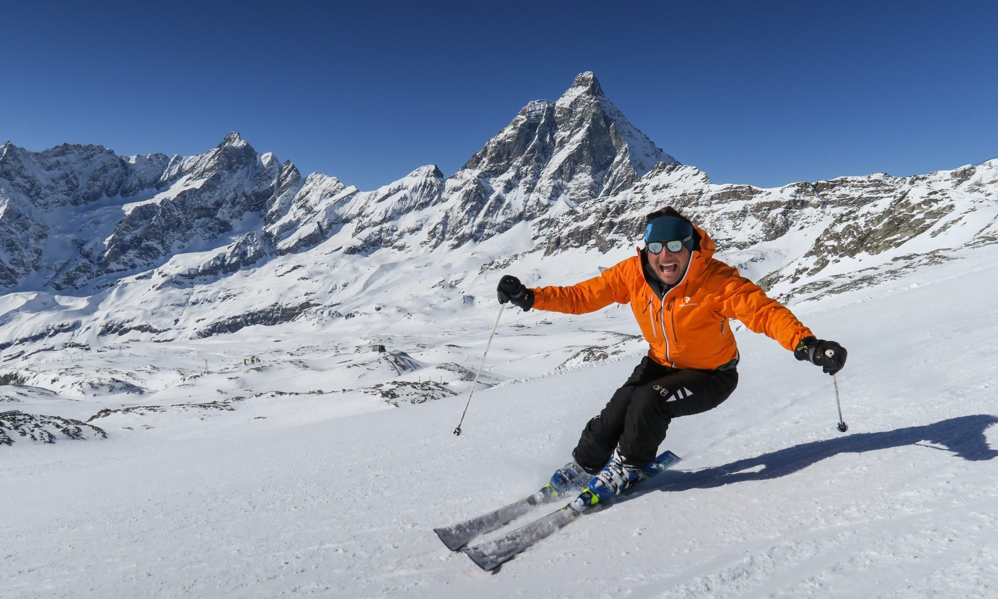 A skier with the Monte Cervino in its background. Spot on Cervino Ski Paradise for the 2018-19 ski season. Photo: Enrico Romanzi. Cervinia Ski Paradise.