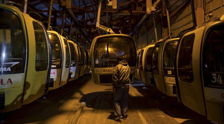 Gulmarg: An operator brings cable cars to a halt at the end of the day in Gulmarg in north Kashmir on Sunday. Old stock photo. Jammu (Gulmarg) Cable Car Accident: 2 workers died and four injured.