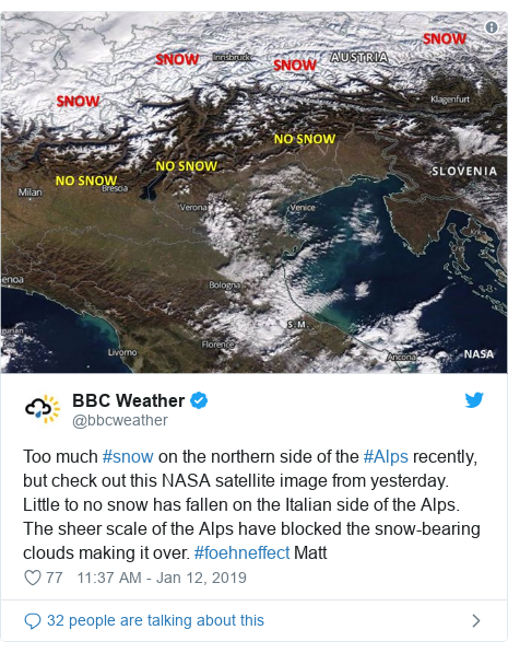 Tweet of the BBC from NASA stating that snow has made it to Austria but little to none to Italy. Three German Skiers got killed in an Avalanche near the Austrian resort of Lech, fourth is missing.