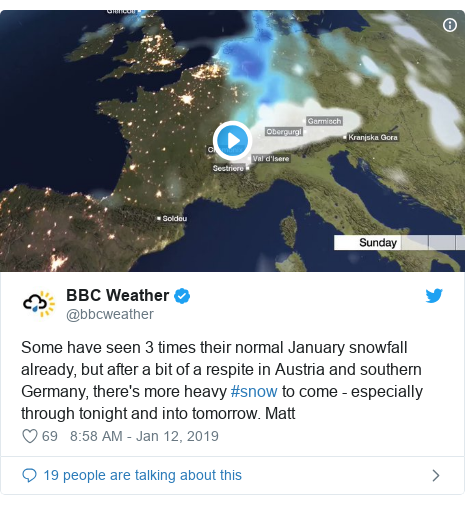 BBC Weather Tweet on the storm over Austria and Germany. Three German Skiers got killed in an Avalanche near the Austrian resort of Lech, fourth is missing.