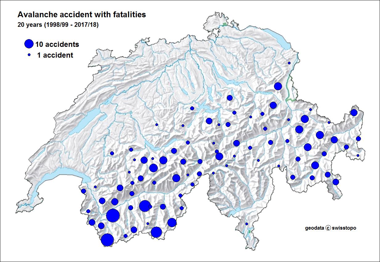 Fig. 2: Regional distribution of the fatal avalanche accidents in Switzerland (20 years). For each of the more than 120 subregions, which are the basis for the regionalization of the avalanche bulletin, the number of fatal accidents was counted. The larger a symbol, the more accidents occurred in this region. SLF’s Swiss Long-Term Statistics of Avalanche Victims .
