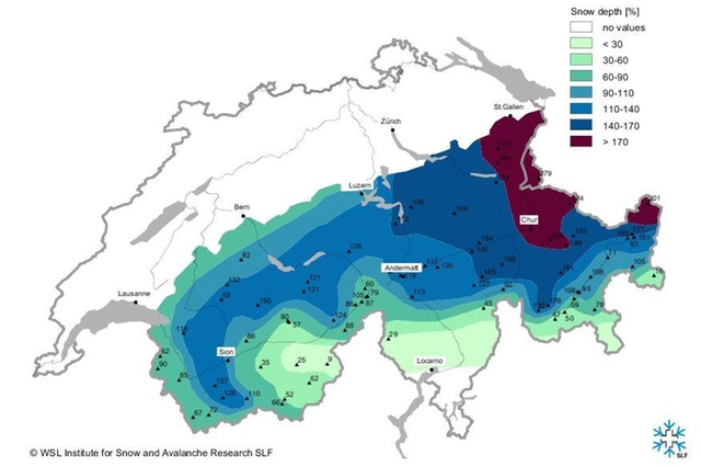 Snow depth as a percentage of the long-term average (January 10, 2019) (SLF) What is the real risk from avalanches?