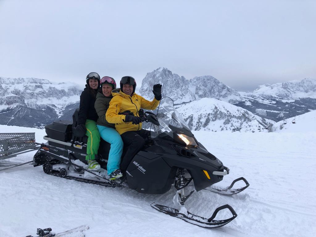 We were lucky to get a snowmobile ride up to get the tram and cable car down to Ortisei after so much alcohol. Photo: Claudia Rier. Lunch at Baita Sofie in Seceda, Val Gardena, Dolomiti Superski, Sudtirol