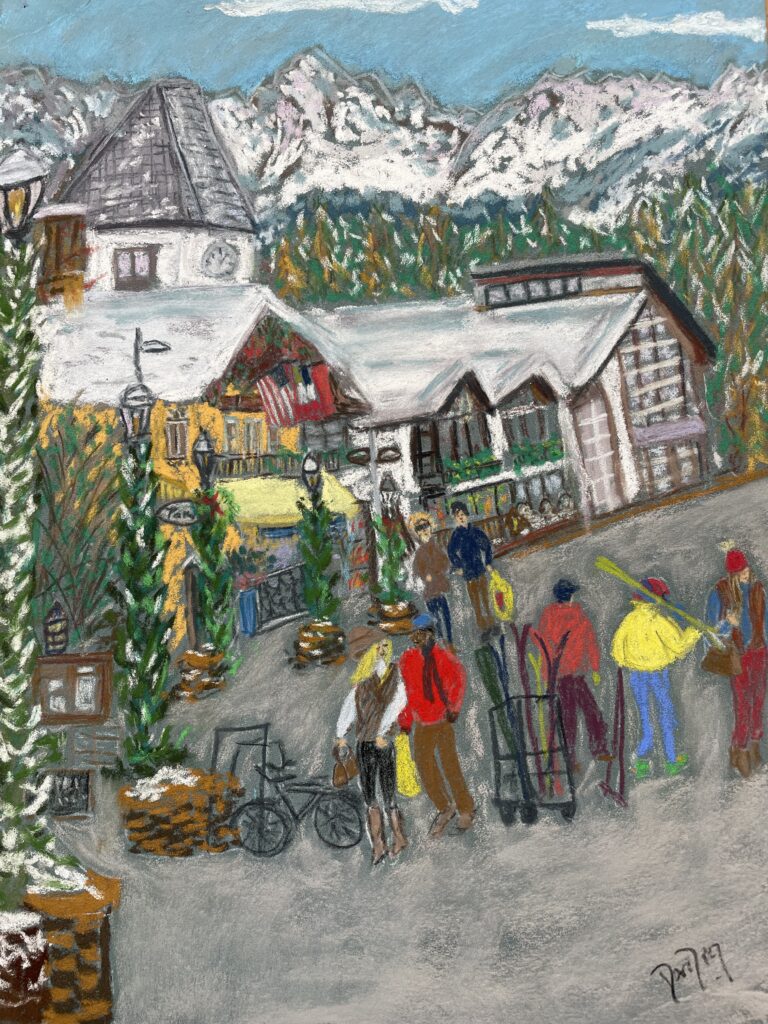 Vail's main street. Soft pastels and pastel pencils on pastel paper. 40x30cm. For sale in my shop. 