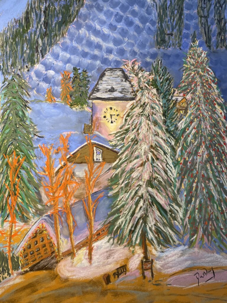 Vail Mountain Wooden Clock, painting by Martina Diez-Routh in soft pastels, pan pastels and pastel pencils on pastel paper 80x60cm unframed, on sale framed. 