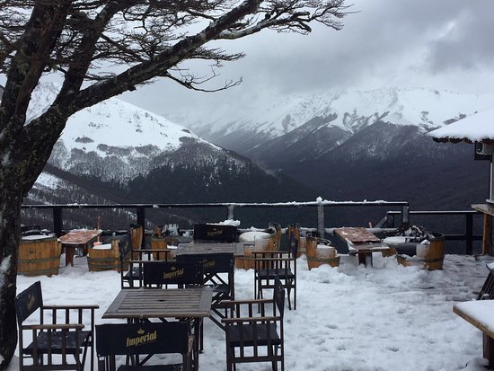 A restaurant terrace on a cloudy day at Cerro Bayo. Cerro Bayo to create a new chairlift departure at 1400 meters.