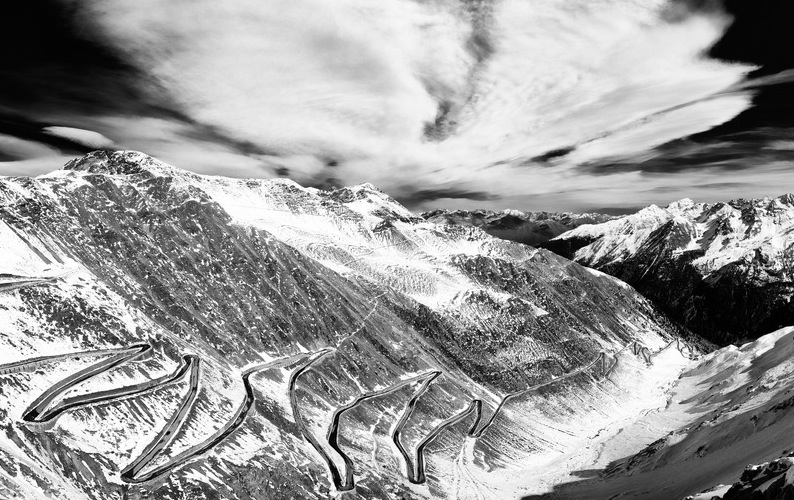 Passo dello Stelvio. South Tyrolean passes with 12 meters of snow.