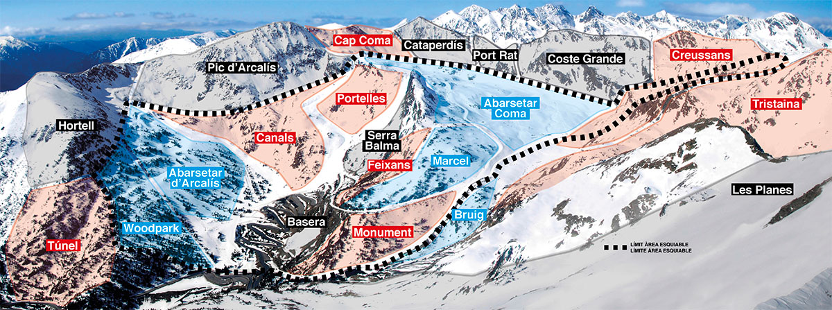 Freeride map of Ordino Arcalis. Ordino leaves Vallnord to integrate fully with Grandvalira.