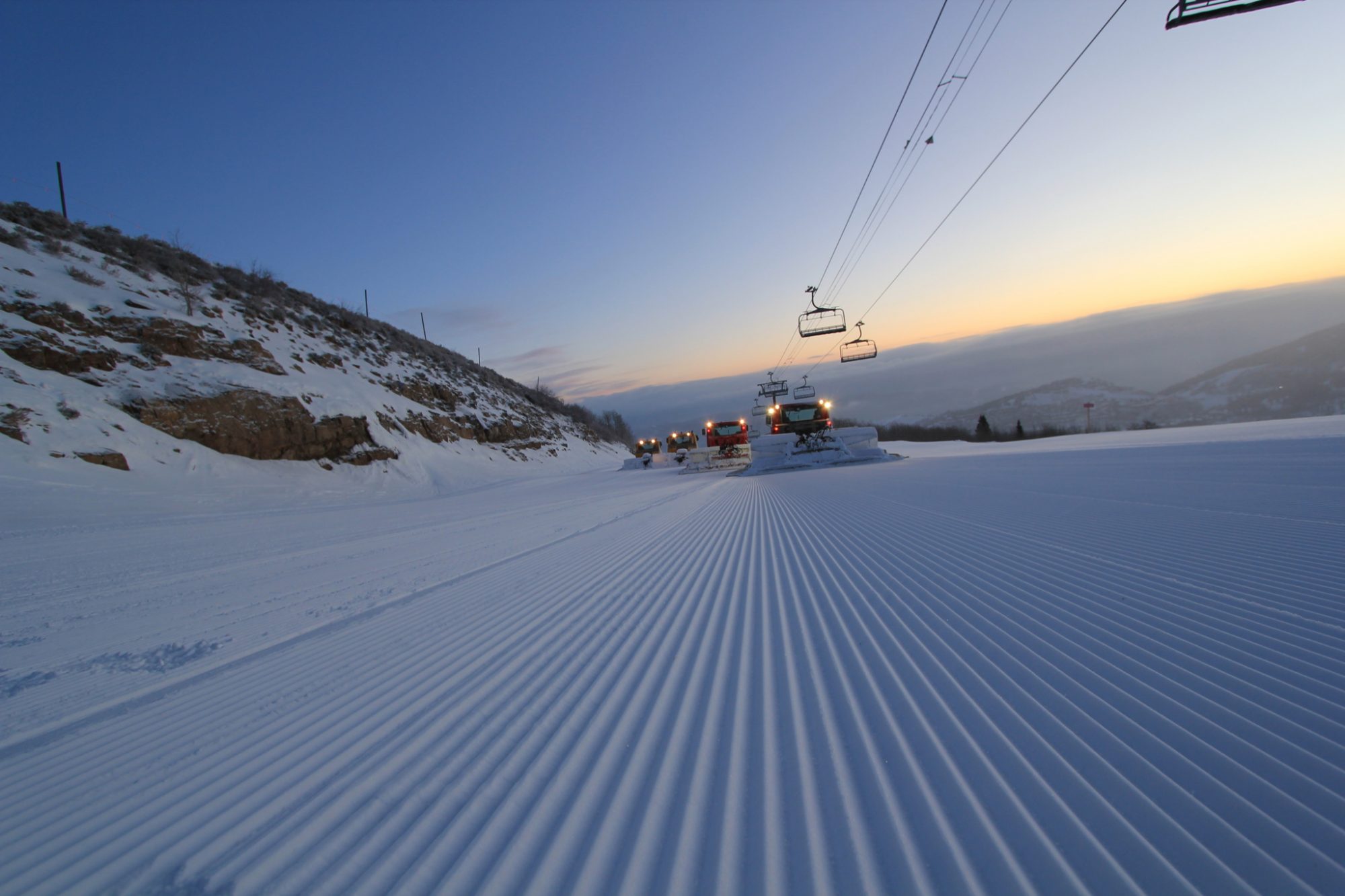 Park City groomed slope. Photo: Vail Resorts. How ski grooming patterns can affect visibility in the snow. 