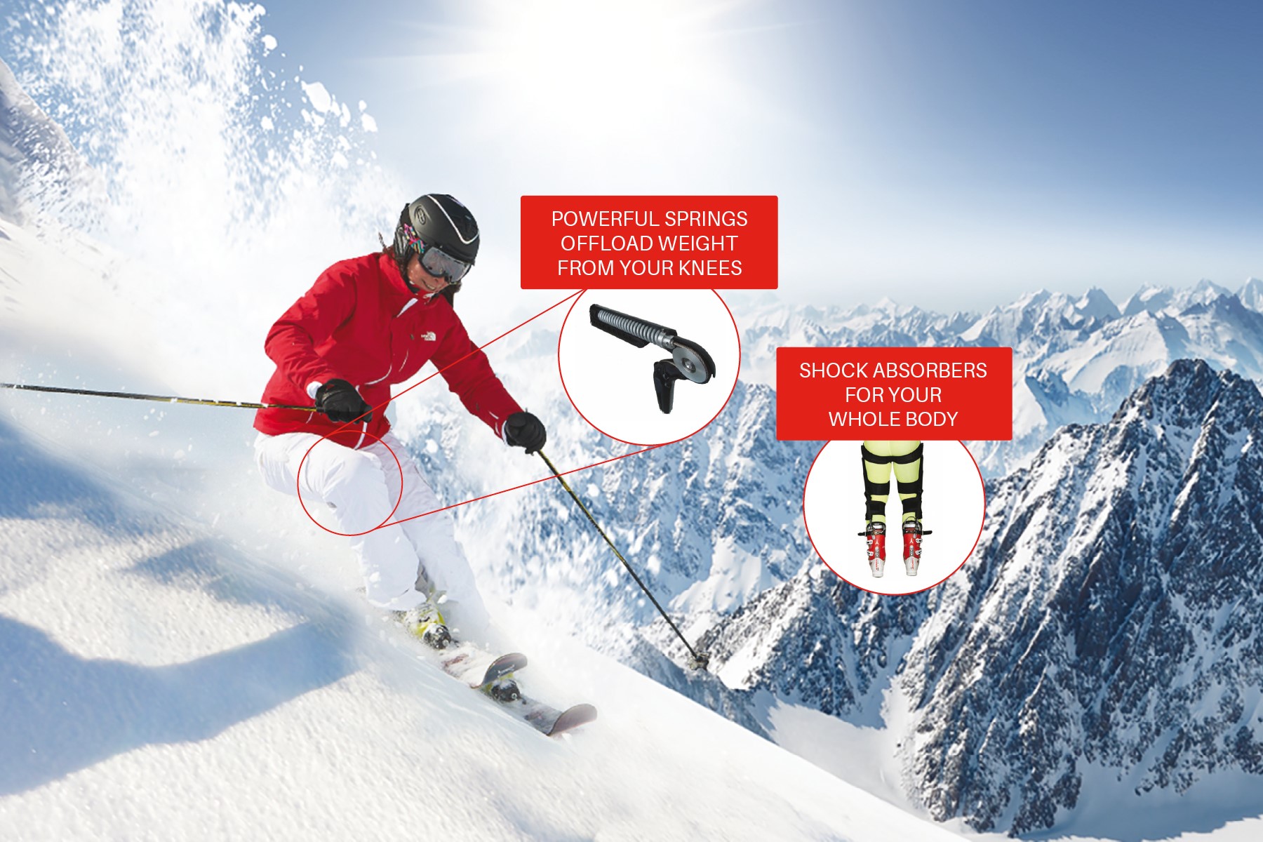 ski~mojo is an exoskeleton for the legs with a comfortable knee support containing powerful springs. Old knees do not need to mean no more skiing! ski~mojo's review