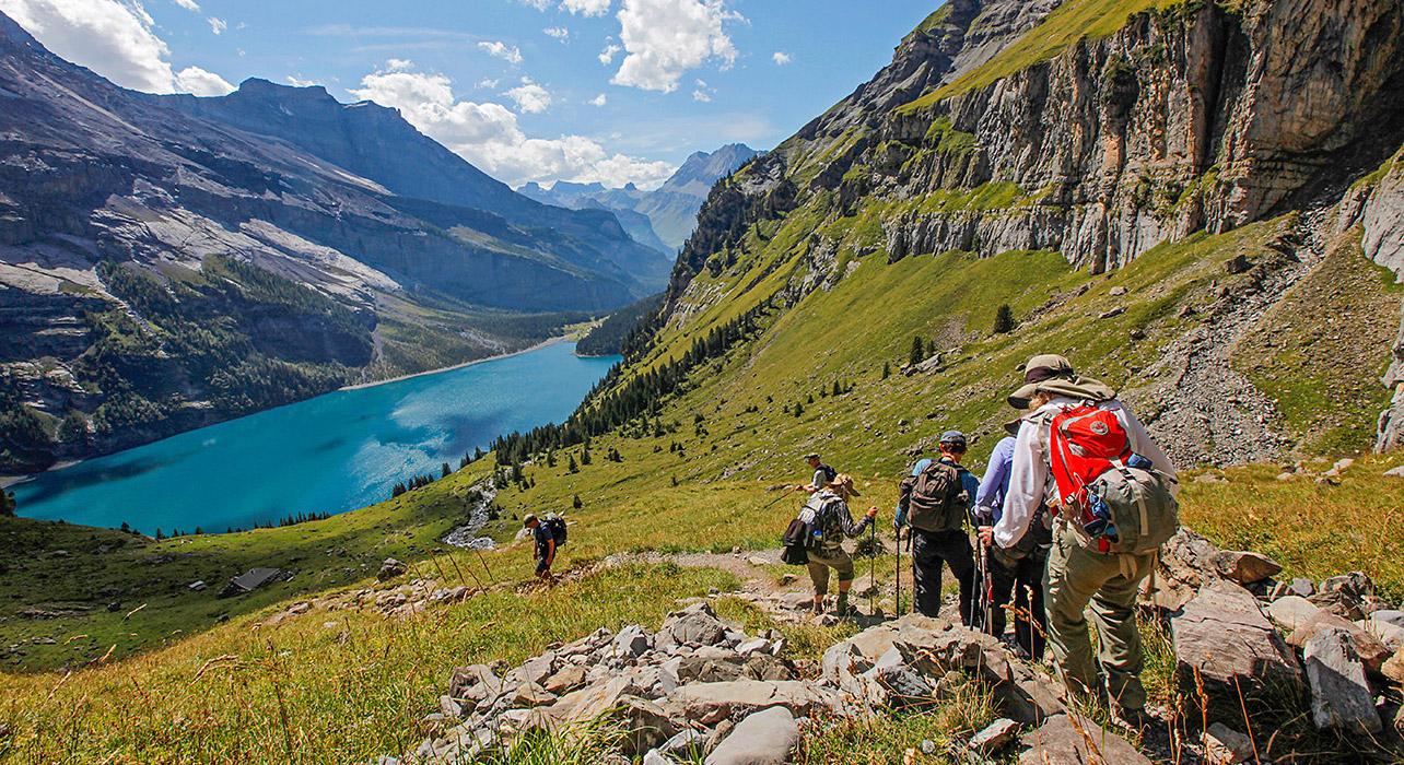 Via Alpina. Lake Oeschinensee. A Hike for your Bucket List: The Via Alpina crosses 14 of the most beautiful Alpine Passes in Switzerland. 