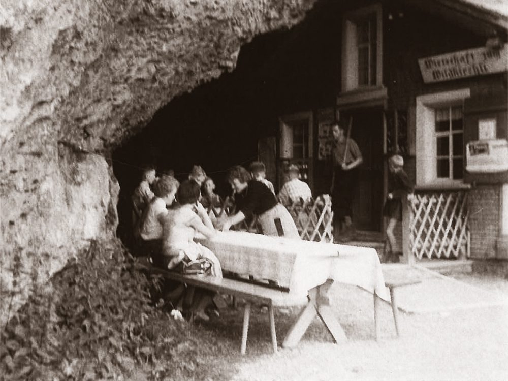 Cliffhanging restaurant opens for the season in Switzerland: Äscher Mountain Restaurant. Historical photo of Äscher Mountain Restaurant.