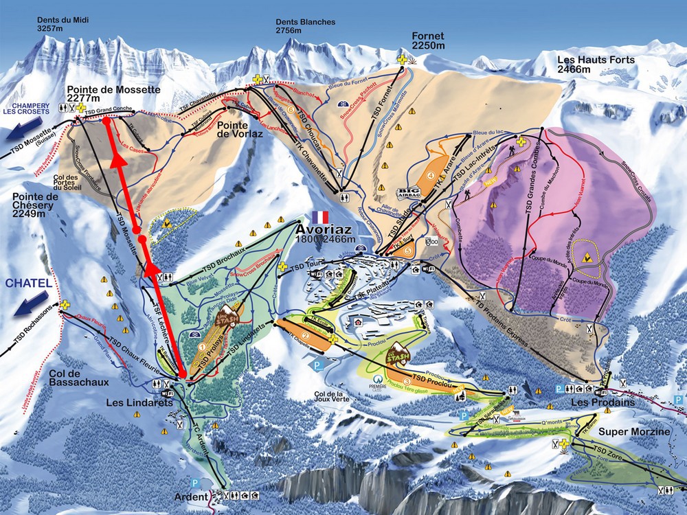 New lifts in the Portes du Soleil ski map. Map from Remontees Mecaniques Forum. New lifts and piste for Portes du Soleil for the 2019-20 ski season.