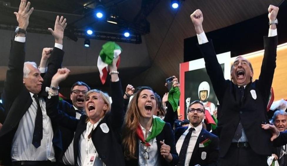 Celebrations of the Italian Delegation when they've heard that Milano-Cortina will host the 2026 Winter Olympics and Paralympics Games. Milan-Cortina Awarded the Olympic Winter Games 2026.