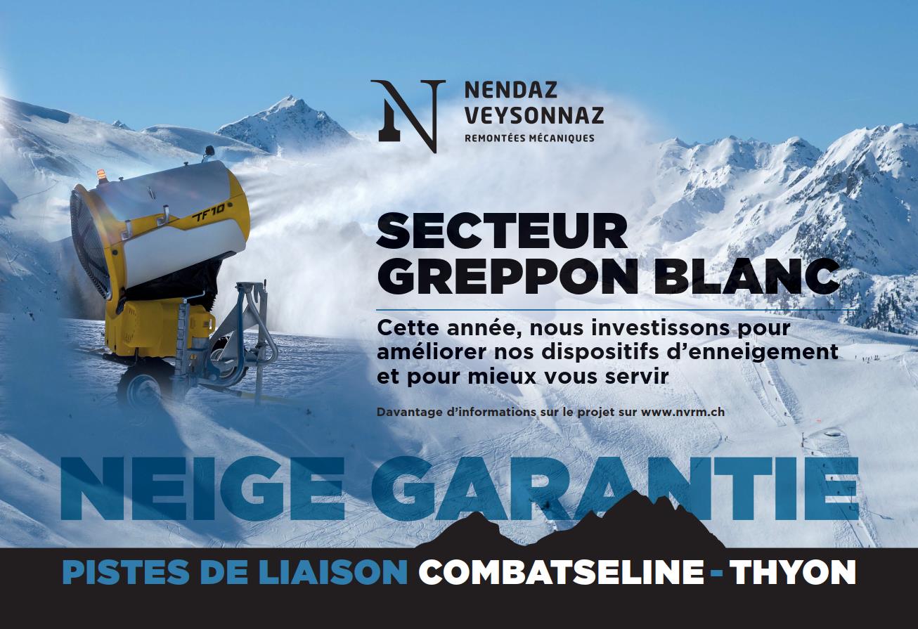 Upcoming Projects at Nendaz Veysonnaz: new gondola, snowmaking and on-mountain restaurant. Poster: NV Remontées mécaniques