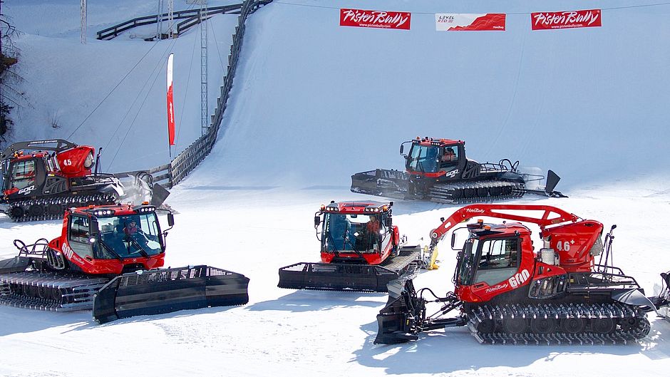 The art of snow grooming - PistenBully picture. Red Road Show in Italy. How ski grooming patterns can affect visibility in the snow. 