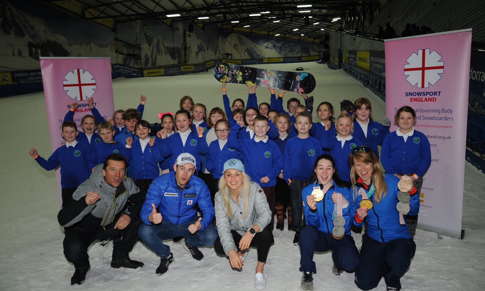 Winter Olympians, British snowboarder Aimee Fuller and British alpine skier Dave Ryding and Paralympic gold medallists Menna Fitzpatrick and Jen Kehoe and Ski Sunday's Graham Bell join over 30 lucky pupils at a National Schools Snowsport Week launch event at The SnowDome in Tamworth. PRESS ASSOCIATION Photo. Picture date: Monday April 16th, 2018. Photo credit should read: Rui Vieira/PA Wire. National Schools Snowsport Week is Back This Month.