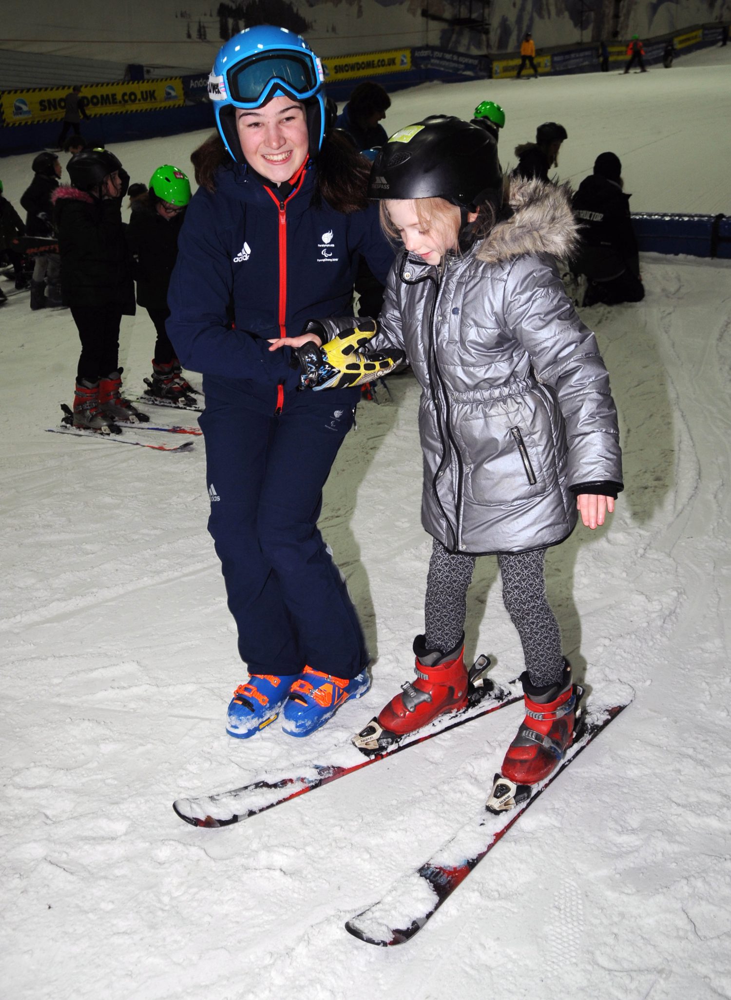 Paralympic gold medallist Menna Fitzpatrick joins over 30 lucky pupils at a National Schools Snowsport Week launch event at The SnowDome in Tamworth. PRESS ASSOCIATION Photo. Picture date: Monday April 16th, 2018. Photo credit should read: Rui Vieira/PA Wire. National Schools Snowsport Week is Back This Month.