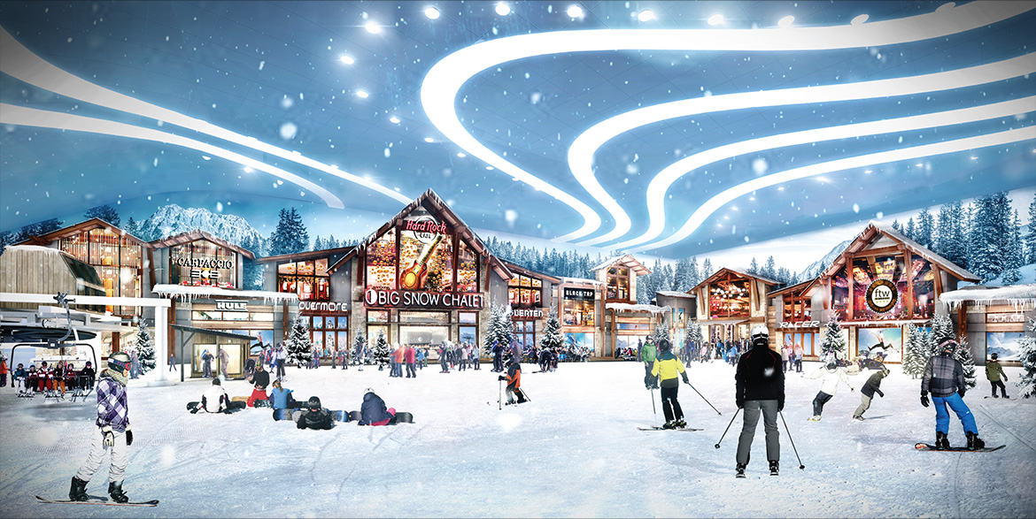 Chalet on the American Dream Mall ski slope. Rendering by American Dream Mall. Indoor ski-slope finally opening within American Dream Mall in October.